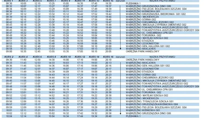 Tabela z rozkładem jazdy autobusów, godzinami odjazdów i nazwami przystanków.