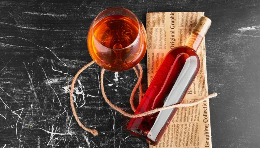 Szklanka z bursztynowym płynem i butelka wina na gazecie. Zastanawiasz się, ile alkoholu można przywieźć z Hiszpanii do Polski?