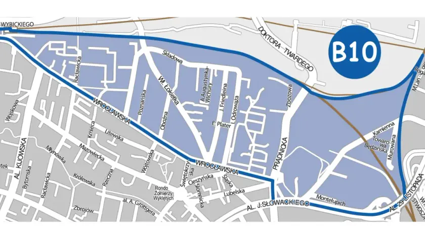 Mapa Krakowa z zaznaczonym obszarem B10. Ulica Wita Stwosza i parking w pobliżu.
