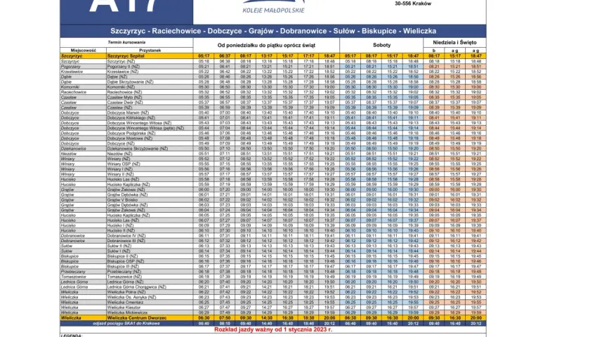 Rozkład jazdy A17: Szczyrzyc - Raciechowice - Dobczyce - Myślenice. Kursy od poniedziałku do niedzieli.