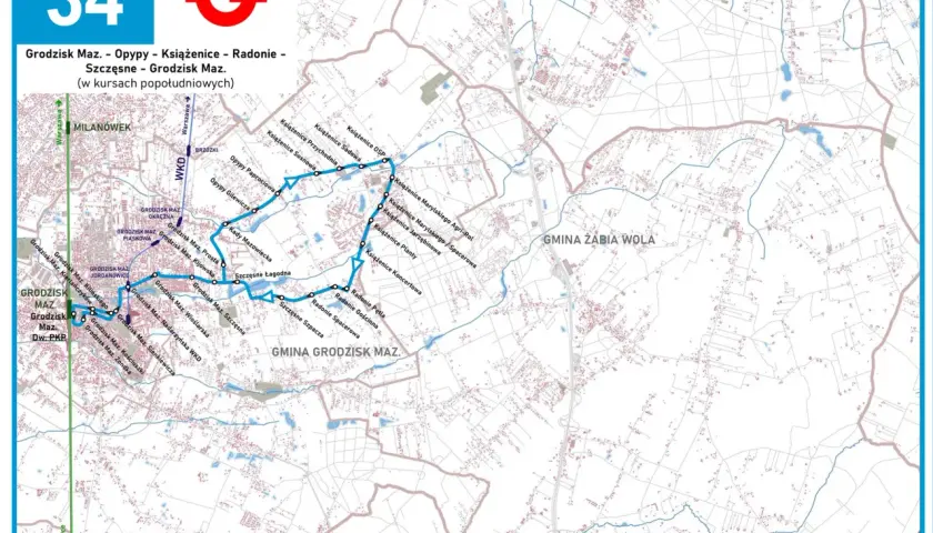 Mapa linii 34 Grodzisk Maz. - Opypy - Książenice - Radonie - Szczęsne. Trasa obejmuje Milanówek, Grodzisk Mazowiecki i okoliczne miejscowości.