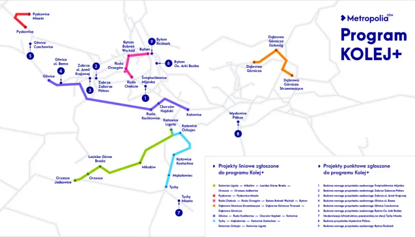 Mapa przedstawia linie kolejowe programu Kolej+. Autobus 149 nie jest widoczny, ale na mapie zaznaczono trasy pociągów.