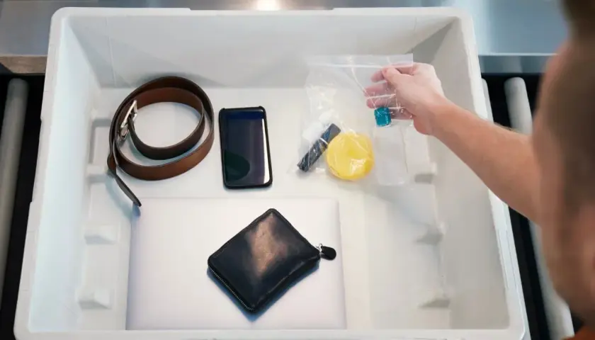 Przedmioty do kontroli bezpieczeństwa: pasek, telefon, portfel, laptop i kosmetyki w woreczku. Czy w bagażu rejestrowanym można przewozić płyny?
