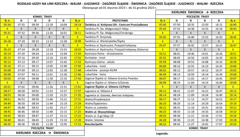 Rozkład jazdy mini busów na trasie Świdnica-Wałim. Tabela zawiera godziny odjazdów i przyjazdów.