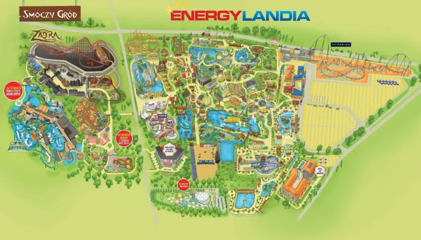 Mapa Energylandii z atrakcjami: Smoczy Gród, Zadra, Mayan, Hyperion, Aqualantis i wiele innych. Zaplanuj swoją wizytę w tym wrocławskim parku rozrywki!