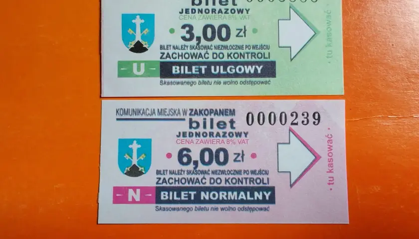 Bilety komunikacji miejskiej w Zakopanem: ulgowy za 3 zł, normalny za 6 zł. Cena biletu do Kościeliska?