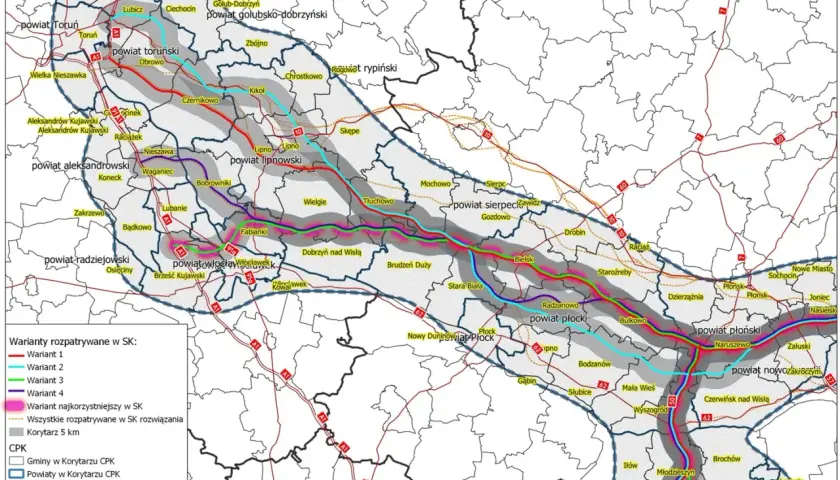 Mapa przedstawia warianty przebiegu korytarza transportowego, w tym potencjalną zmianę trasy dla tramwaju 10 w Warszawie.