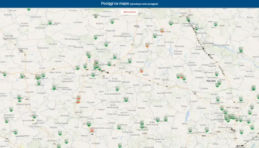 Aplikacja z mapą pokazuje lokalizację pociągów. Widzimy tu m.in. Zieloną Górę, gdzie jest autobus.