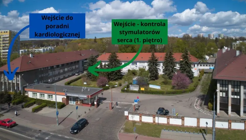 Jak dojechać z dworca PKP Szczecin do szpitala na Arkońskiej? Wskazówki na zdjęciu pokazują wejście do poradni kardiologicznej i kontroli stymulatorów serca.