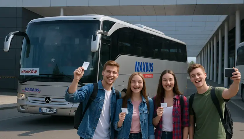 Uśmiechnięci młodzi ludzie z biletami w ręku przed autokarem MAXBUS. Czas na podróż do Zakopanego!
