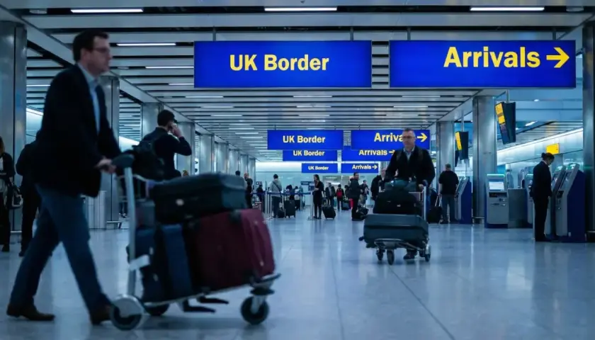 Ludzie z bagażami na lotnisku, kierujący się do UK Border. Zastanawiają się, ile papierosów do Anglii można przewieźć.