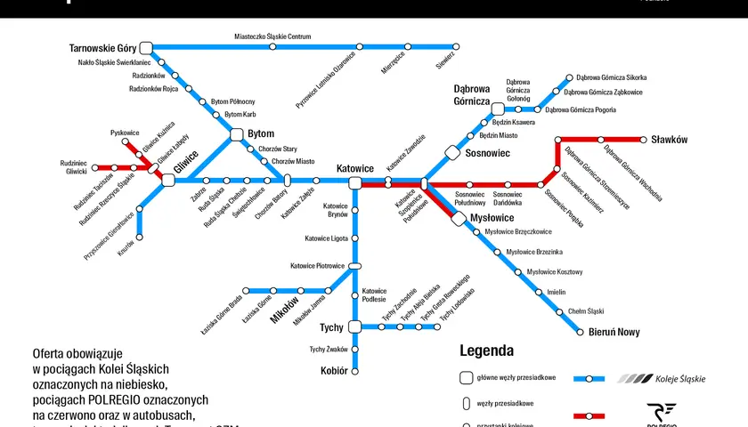 Mapa sieci transportowej z zaznaczonymi trasami Kolei Śląskich i POLREGIO, tworzącymi wspólną ofertę biletową.
