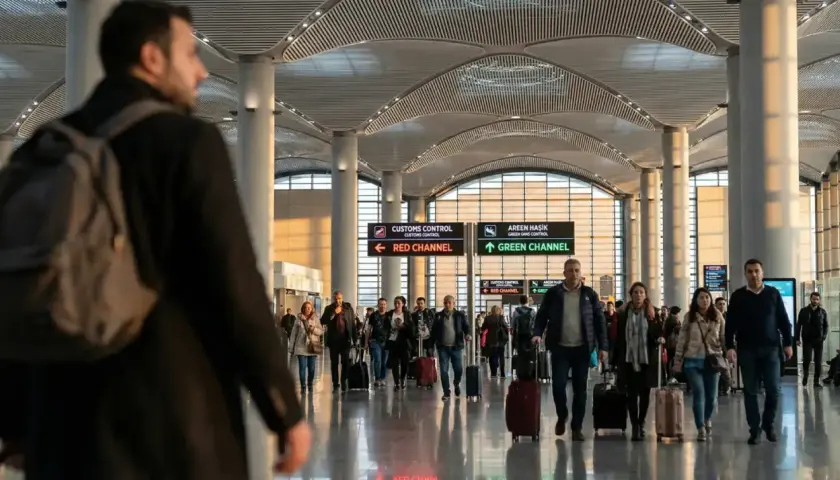 Ludzie z walizkami na lotnisku w Stambule. Zastanawiasz się, ile torebek można przywieźć z Turcji? Zazwyczaj limit bagażu jest spory.