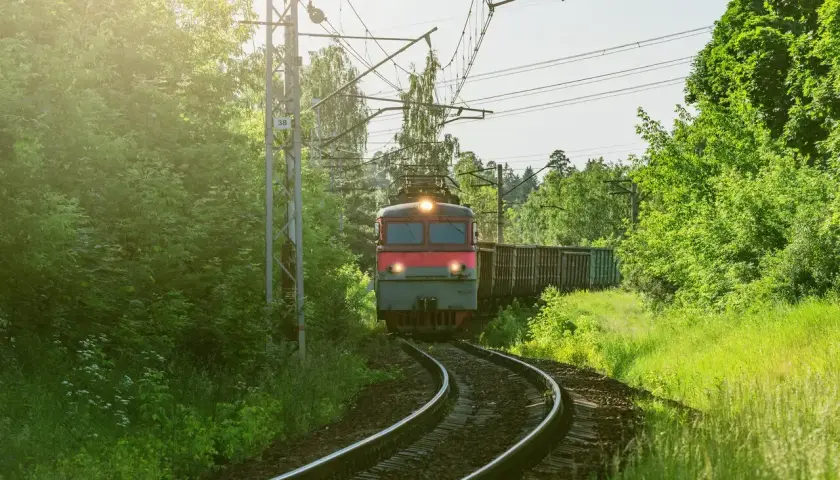 Pociąg towarowy mknie po torach wśród zieleni. Marzysz, jak zostać maszynistą? To podróż pełna odpowiedzialności i pięknych widoków.