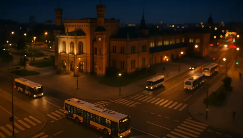 Nocne autobusy Wrocław przemierzają puste ulice. W tle oświetlony zabytkowy budynek.