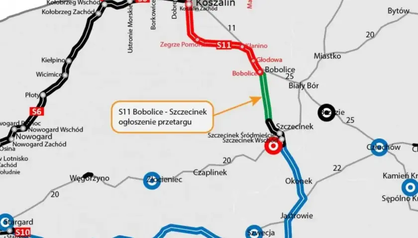 Mapa drogowa z zaznaczonymi trasami S6, S10, S11. Widać Koszalin, lotnisko w okolicach Nowogardu, oraz przebieg S11 Bobolice-Szczecinek.
