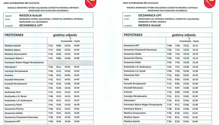 Rozkład jazdy busów: Szczawnica, Sromowce Wyżne, Krościenko. Ceny biletów nie są podane, ale rozkład jazdy busów jest dostępny od poniedziałku do piątku.