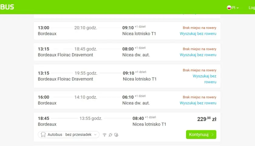 Flixbus: czy można kupić bilet u kierowcy? Na liście połączeń z Bordeaux brak informacji o takiej możliwości.