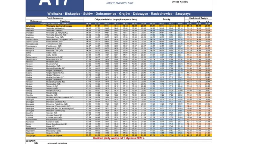 Rozkład jazdy autobusu A17 relacji Wieliczka - Biskupice - Sułów - Dobranowice - Grajów - Dobczyce - Raciechowice - Szczyrzyc, z zaznaczonymi kursami do Limanowej.