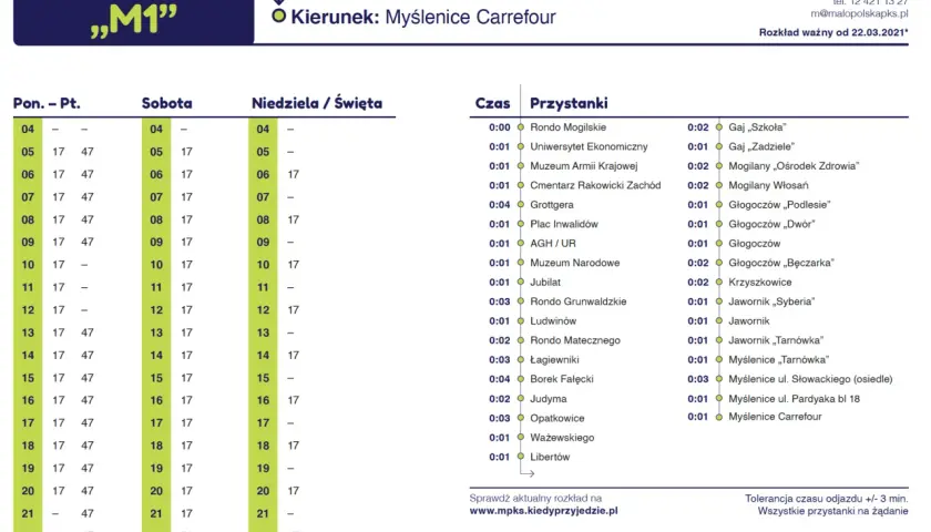 Rozkład jazdy autobusu m bus Kraków, linia „M1”, kierunek Myślenice Carrefour. Sprawdź godziny odjazdów.