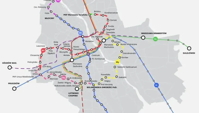 Mapa metra i kolei w Warszawie, z zaznaczonymi liniami M1, M2, M3, M4, S1, S3. Widać stacje takie jak Bemowo, Centrum, Ursus, Kabaty.