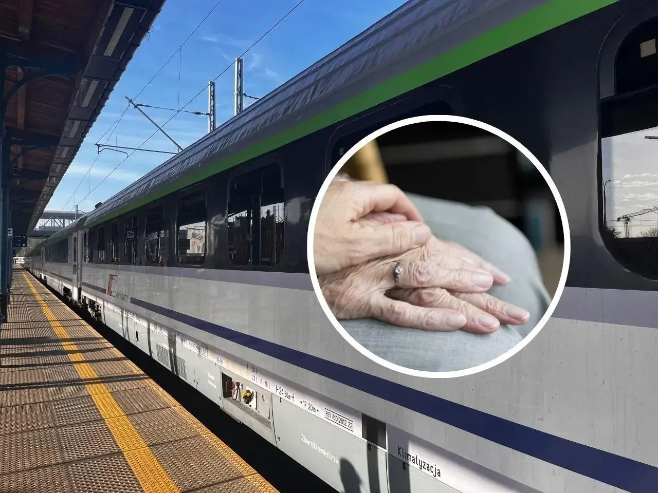 PKP zniżki dla niepełnosprawnych stopień umiarkowany. Dłonie starszej osoby na tle pociągu PKP.