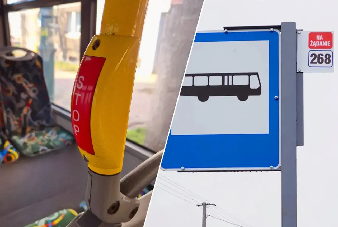 Przycisk STOP w autobusie i znak przystanku na żądanie z numerem 268.