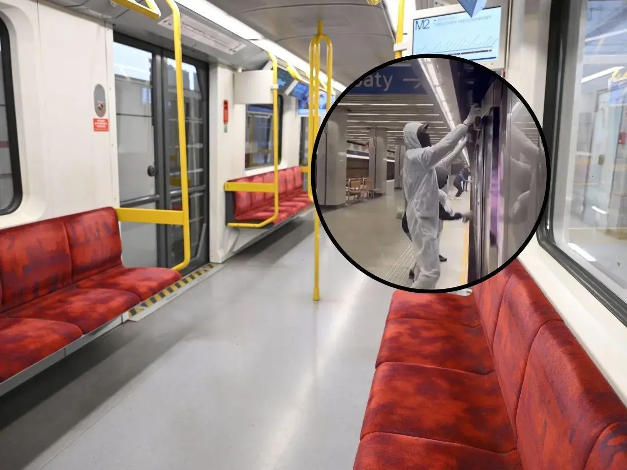 Wnętrze pustego wagonu metra M2, gdzie pracownicy w kombinezonach dezynfekują drzwi.