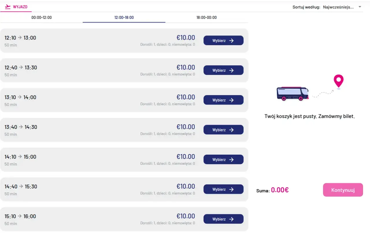 Lista odjazdów z Bergamo do Mediolanu. Dostępne bilety po 10 euro.