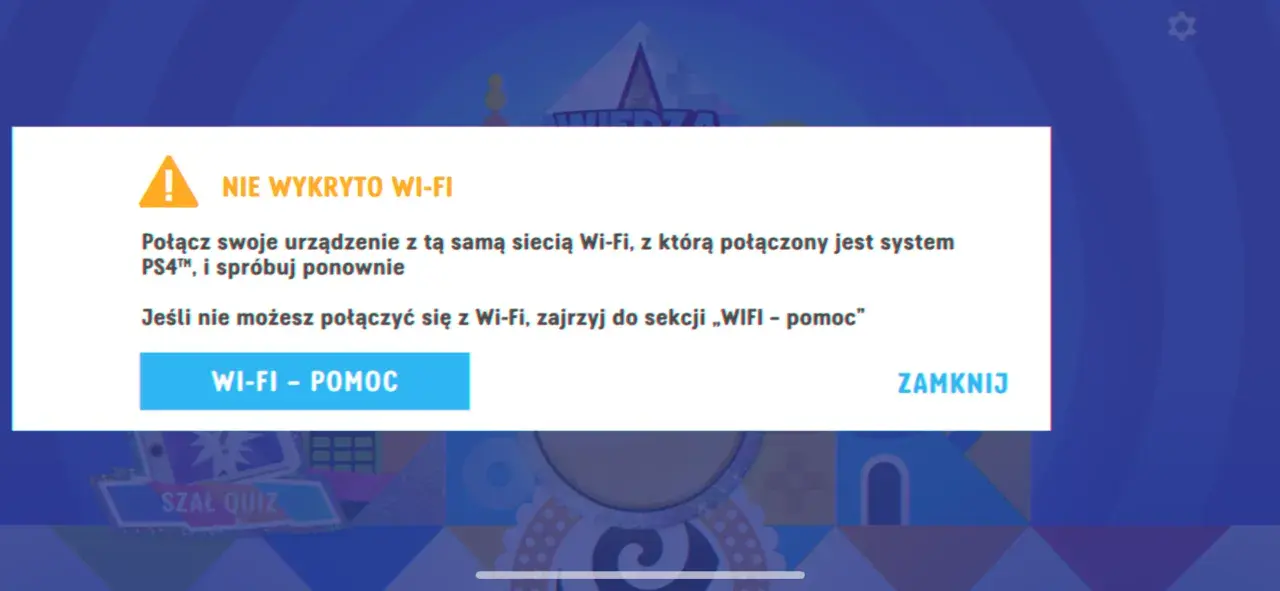 Komunikat o błędzie połączenia Wi-Fi. Może to być problem z siecią Wi-Fi w Flixbusie. Kliknij "WI-FI - POMOC" aby rozwiązać problem.