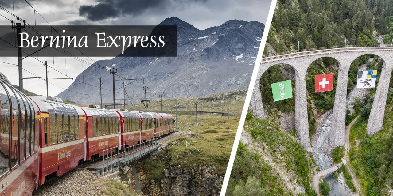 Widok na czerwoną kolej Bernina Express w górach Szwajcarii, obok kamiennego wiaduktu z flagami.