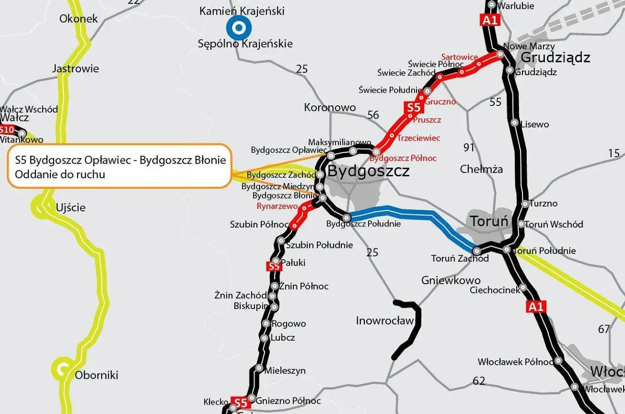 Mapa drogowa z zaznaczoną trasą S5 Bydgoszcz Opławiec - Bydgoszcz Błonie.