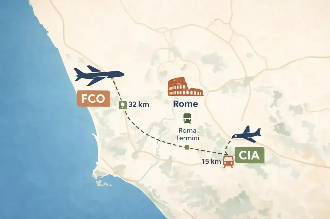 Mapa pokazuje lotnisko Fiumicino (FCO) 32 km od Rzymu, z Koloseum i dworcem Roma Termini. Dalej jest lotnisko CIA.