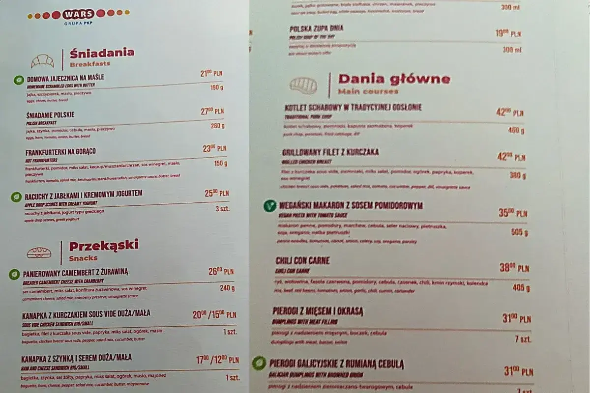 Menu WARS w Pendolino: śniadania, dania główne, przekąski. Czy w Pendolino jest wars? Tak, menu oferuje różnorodne posiłki.