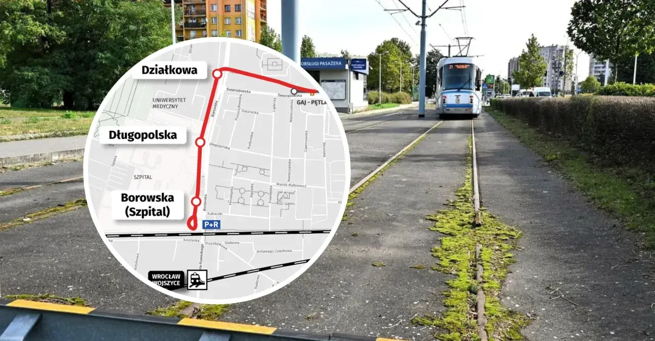 Mapa pokazuje trasę tramwajową do wrocławskiego szpitala przy Borowskiej. Dojazd MPK jest łatwy, z zaznaczonymi przystankami Działkowa, Długopolska i Borowska (Szpital).