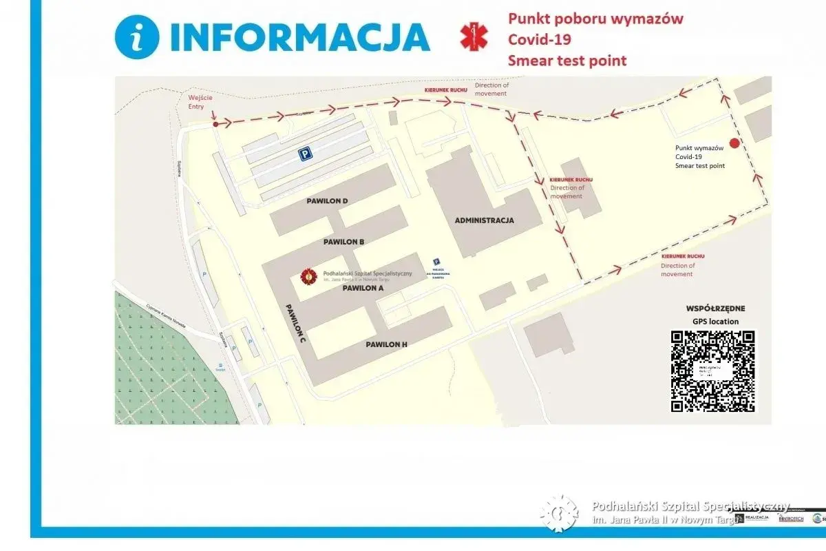 Mapa pokazuje, jak dojechać z dworca w Krakowie do szpitala Jana Pawła II w Nowym Targu, wskazując punkt poboru wymazów Covid-19.