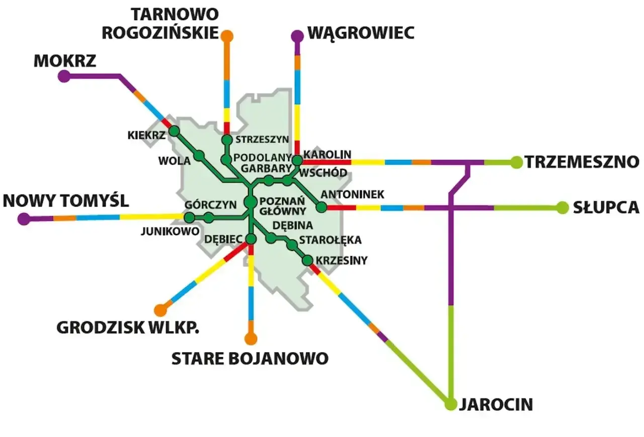 Mapa kolejowa Wielkopolski z zaznaczonym Poznaniem i liniami do Bolesławca, Jarocina, Trzemeszna i innych miejscowości.
