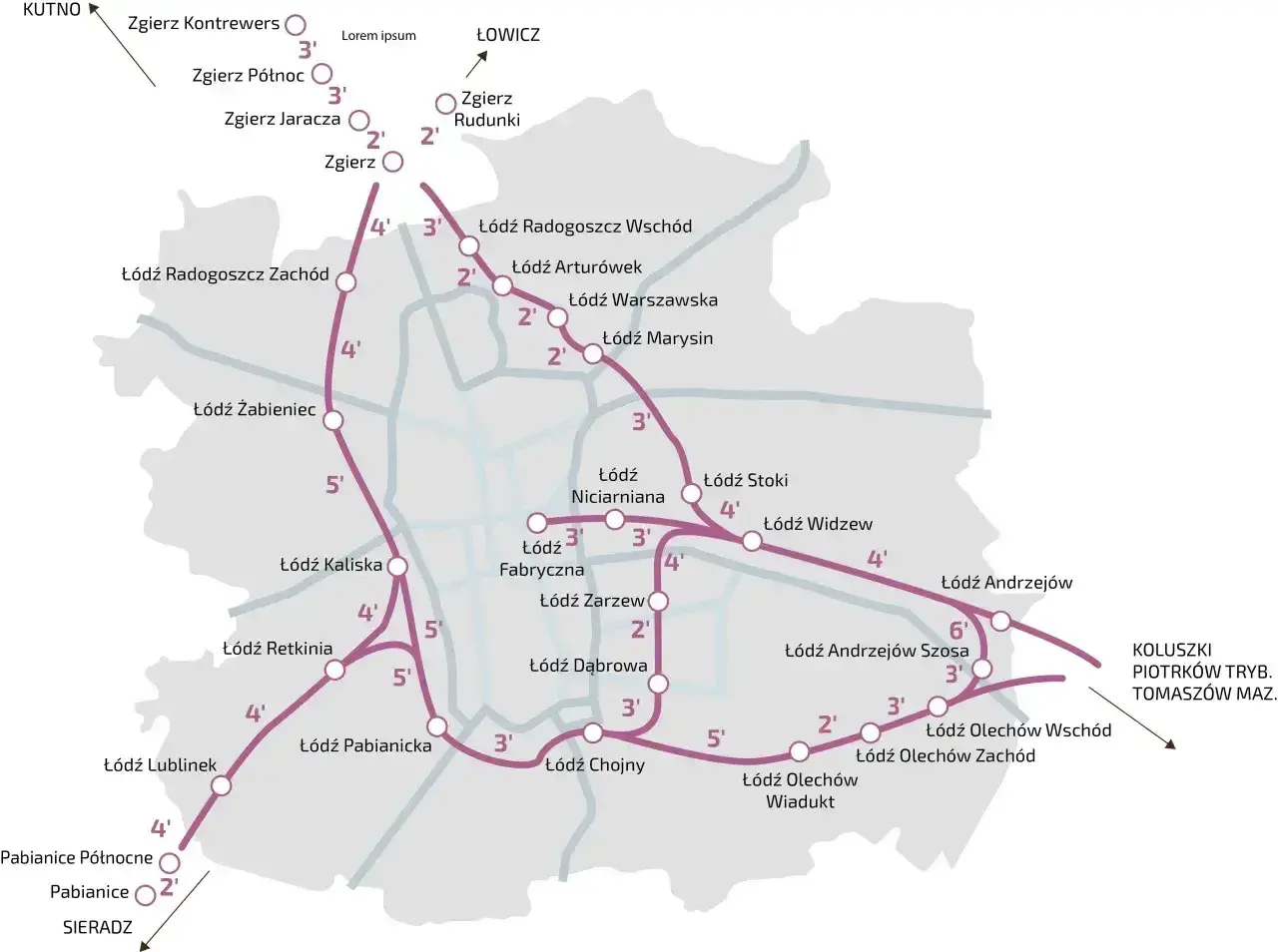 Mapa sieci tramwajowej Łodzi z zaznaczonymi liniami i przystankami. Widać też fragmenty autobusowej komunikacji zastępczej.