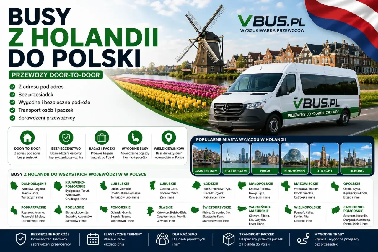 Transport od drzwi do drzwi Polska: busy z Holandii do wszystkich województw. Bezpiecznie, wygodnie, z przewoźnikami VBUS.PL.