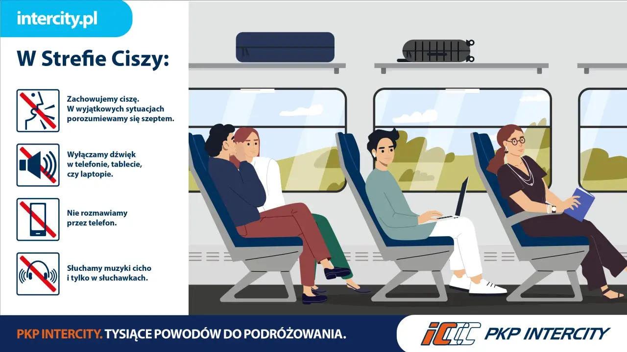 W strefie ciszy w pociągu pasażerowie podróżują spokojnie, szepcząc i wyłączając dźwięki urządzeń.