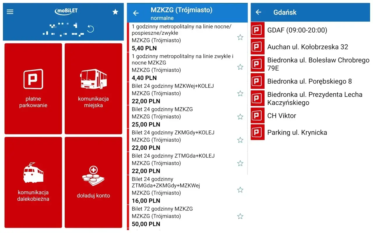 Aplikacja moBILET pokazuje opcje zakupu biletu miesięcznego Kraków, bilety komunikacji miejskiej i dalekobieżnej, a także parkingi w Gdańsku.