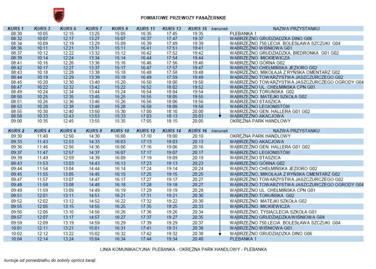 Tabela z rozkładem jazdy autobusów, godzinami odjazdów i nazwami przystanków.