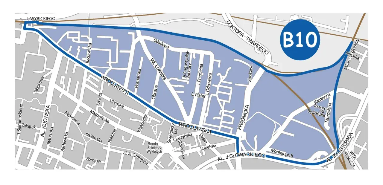 Mapa Krakowa z zaznaczonym obszarem B10. Ulica Wita Stwosza i parking w pobliżu.