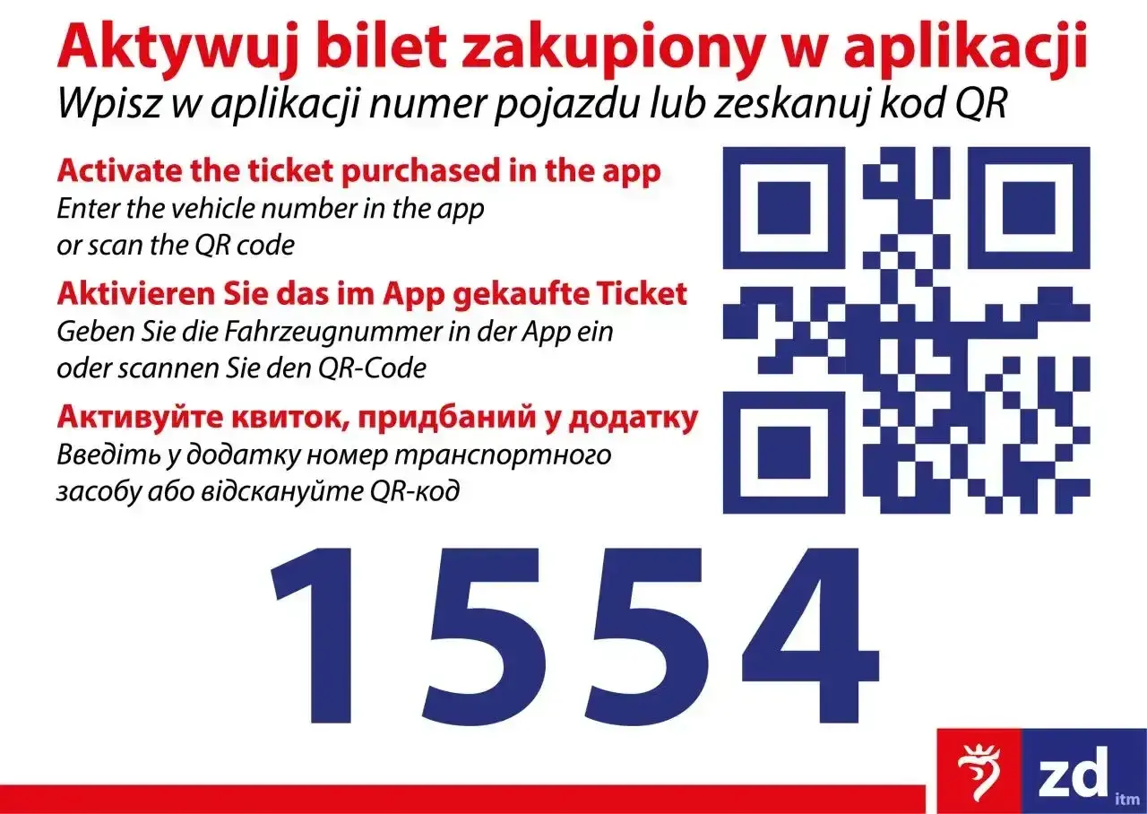 Instrukcja jak kupić bilet na PKP: aktywuj bilet w aplikacji, wpisując numer pojazdu lub skanując kod QR. Obok znajduje się kod QR i numer 1554.