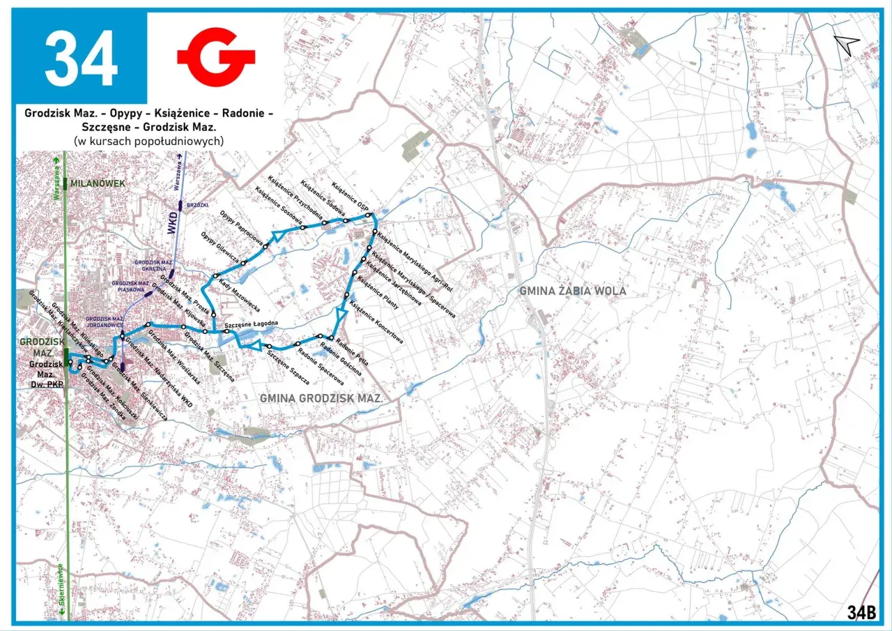 Mapa linii 34 Grodzisk Maz. - Opypy - Książenice - Radonie - Szczęsne. Trasa obejmuje Milanówek, Grodzisk Mazowiecki i okoliczne miejscowości.