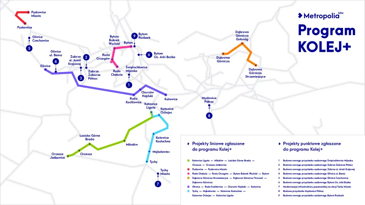Mapa przedstawia linie kolejowe programu Kolej+. Autobus 149 nie jest widoczny, ale na mapie zaznaczono trasy pociągów.