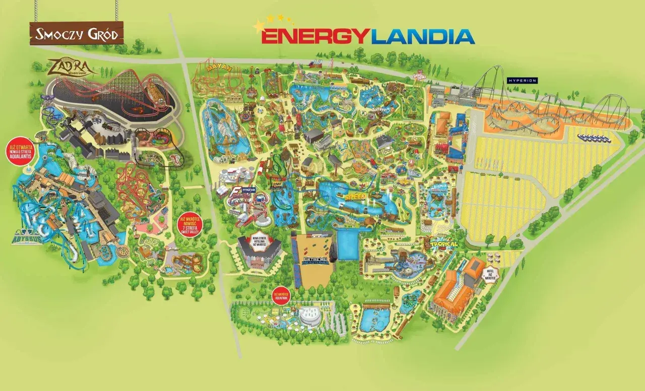 Mapa Energylandii z atrakcjami: Smoczy Gród, Zadra, Mayan, Hyperion, Aqualantis i wiele innych. Zaplanuj swoją wizytę w tym wrocławskim parku rozrywki!