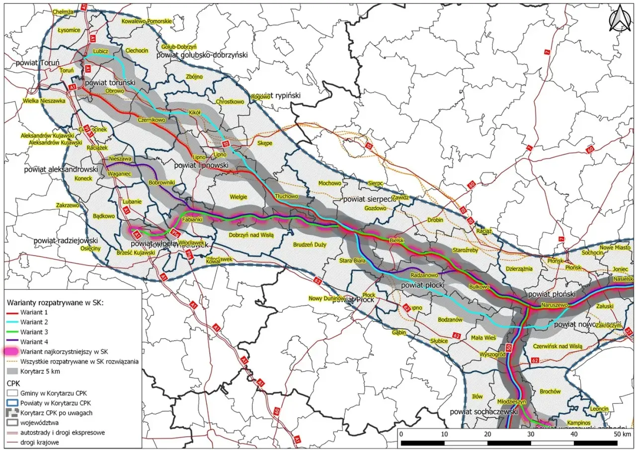 Mapa przedstawia warianty przebiegu korytarza transportowego, w tym potencjalną zmianę trasy dla tramwaju 10 w Warszawie.