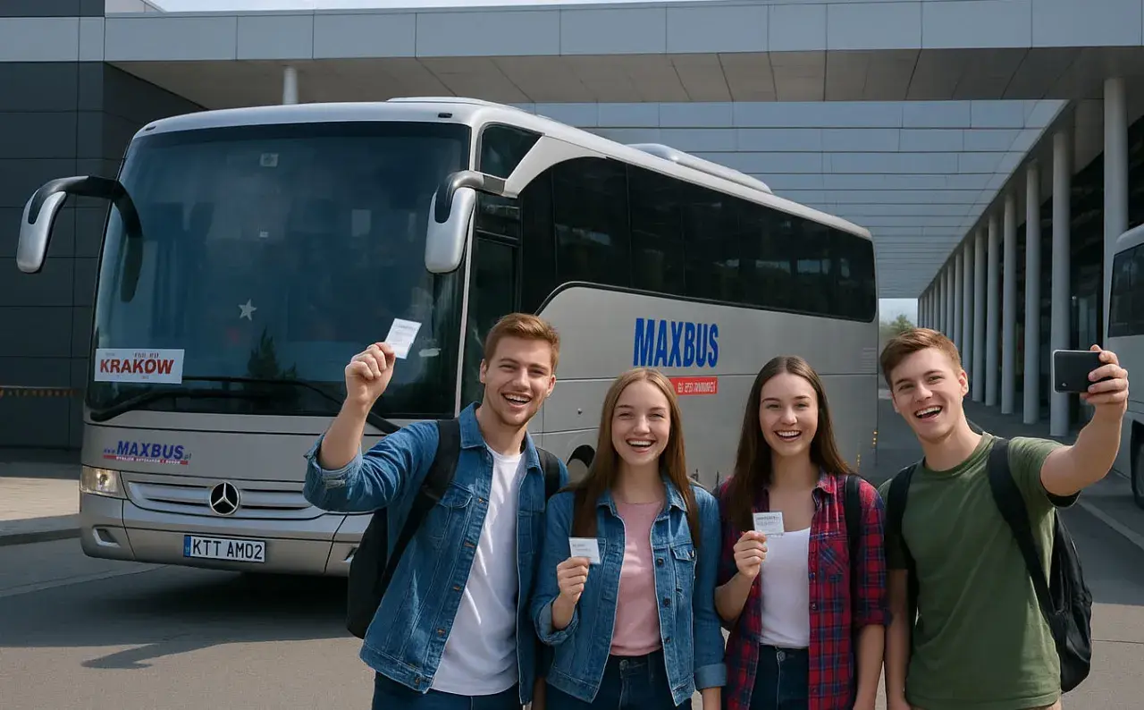 Uśmiechnięci młodzi ludzie z biletami w ręku przed autokarem MAXBUS. Czas na podróż do Zakopanego!