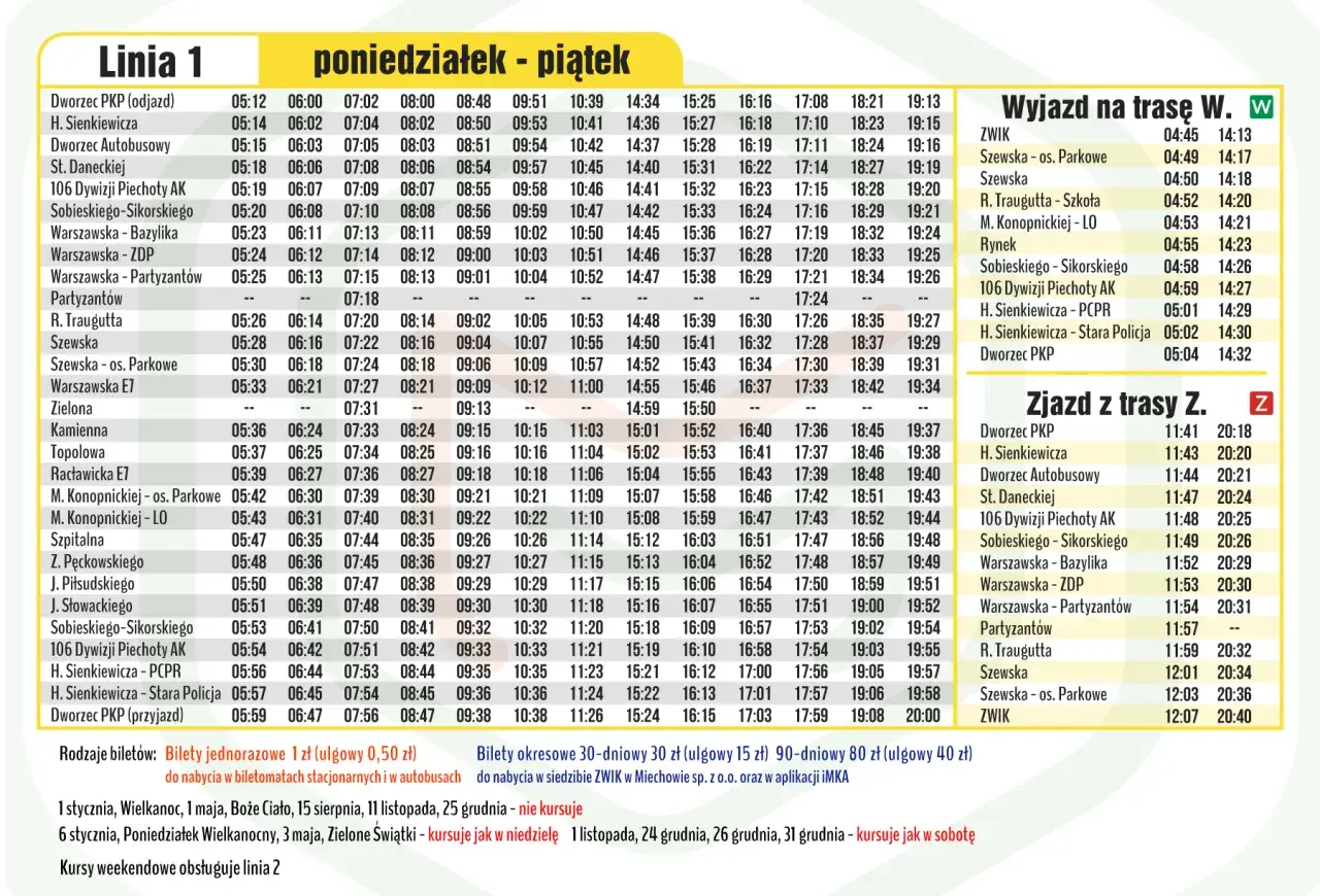 Rozkład jazdy autobusów linii 1 na trasie Miechów - Kraków na dni robocze.